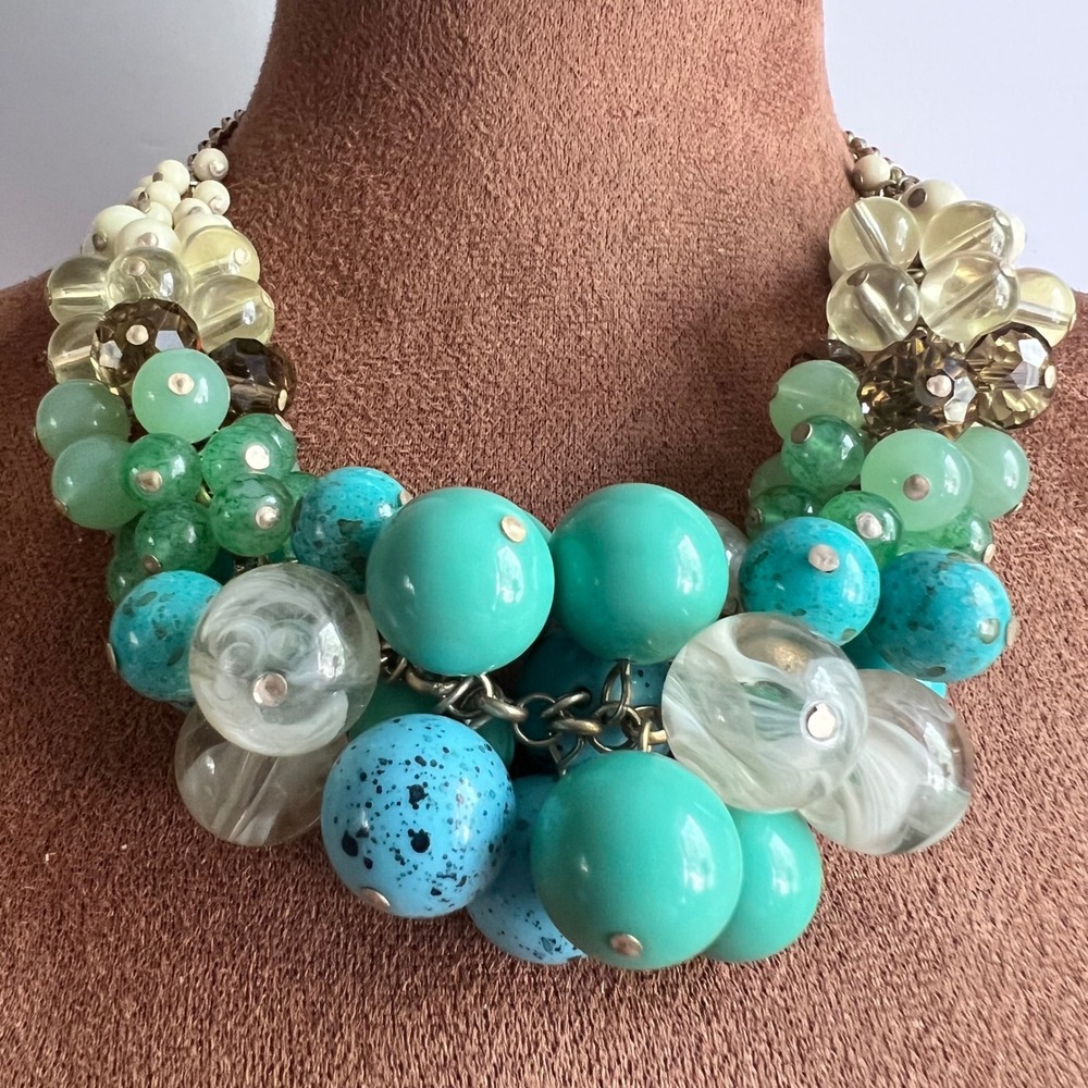 Lia Sophia Chunky Bubble Statement Necklace Teal Green Blue 18-21" Maximalist